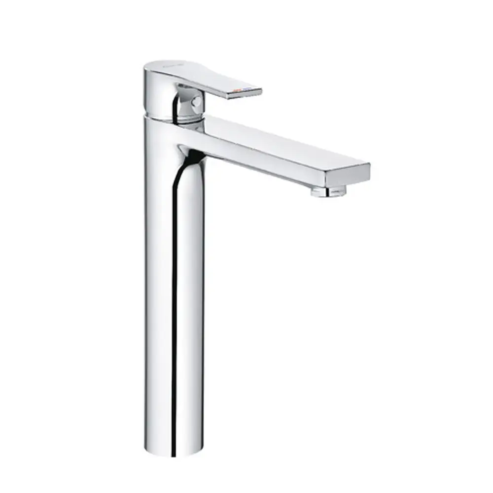 Waschbeckenarmatur in chrom mit geradem, schmalem Auslauf und einem einhebeligen Bedienhebel. Kludi-Design, geeignet für moderne Waschbecken.